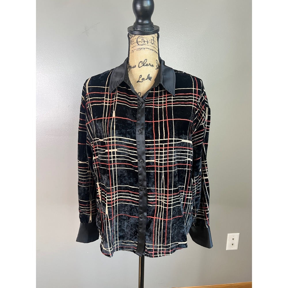 Fate Womens Black Red Plaid Velvet Button Down Shirt Satin small modern goth